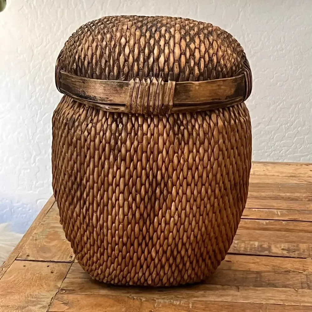 Antique Chinese Willow Storage Lidded Basket Handwoven